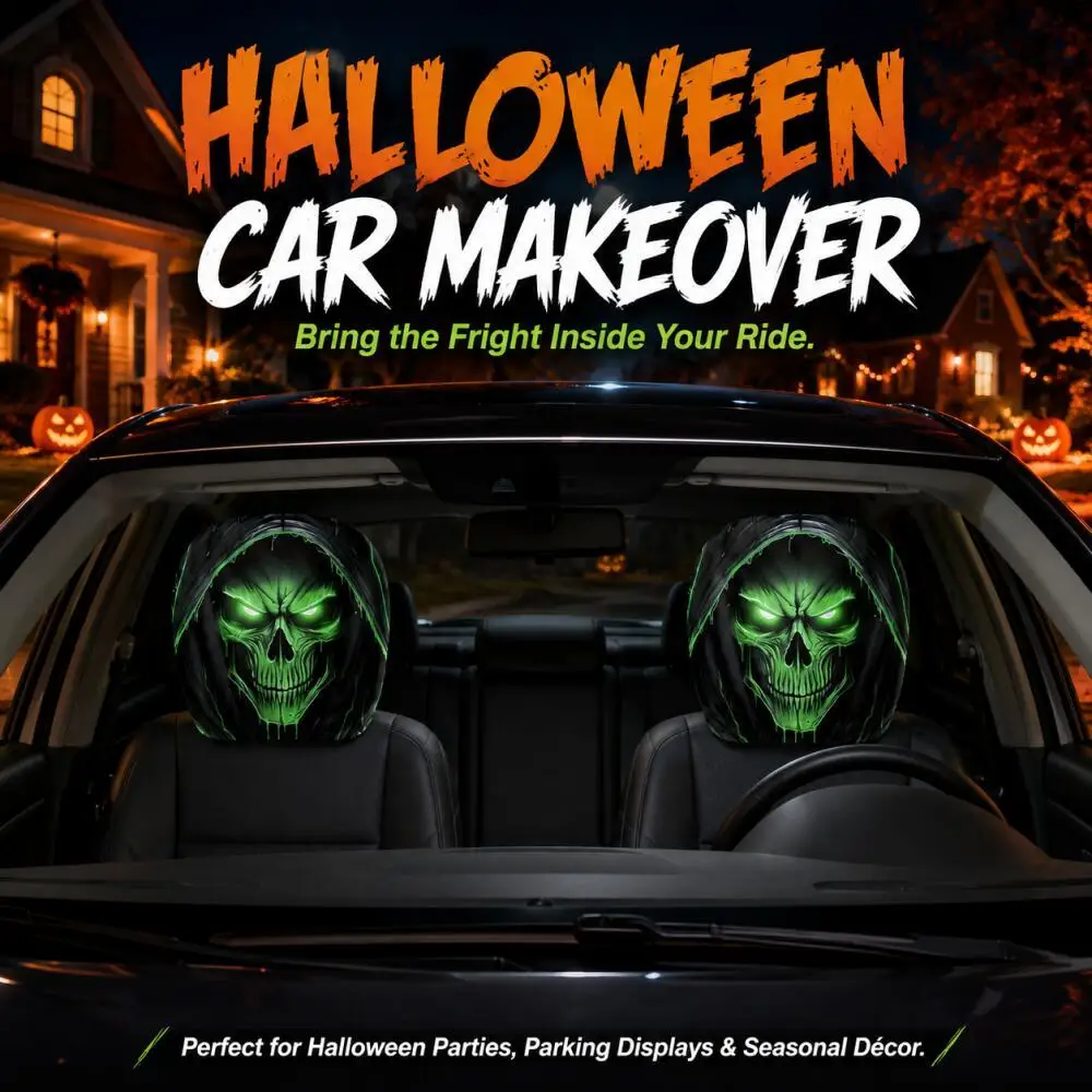 2 Pieces Halloween Green Glowing Skull Reaper Car Headrest Covers Hooded Skeleton Face Print Spooky Horror Interior Decoration