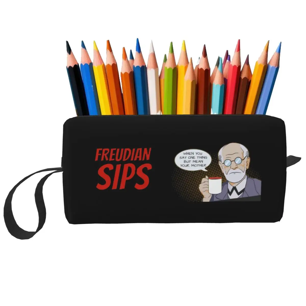 Freudian Sips Psychology Design Pencil Case for Students Pen Box Pencil Bag Stationery Supplies Women Organizer Pouch