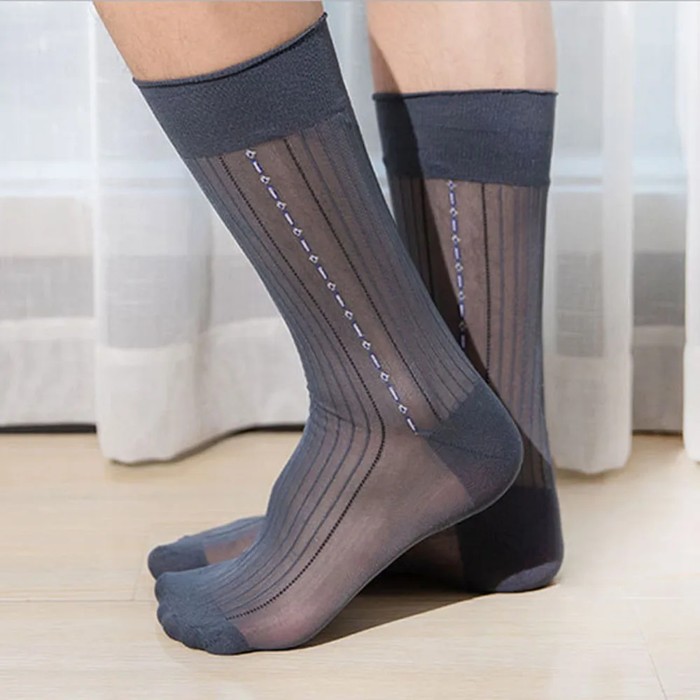 1 Pair Men Sexy Business Socks Striped Sheer Silky Socks Summer Office Stockings Breathable Thin Male Middle Stocking