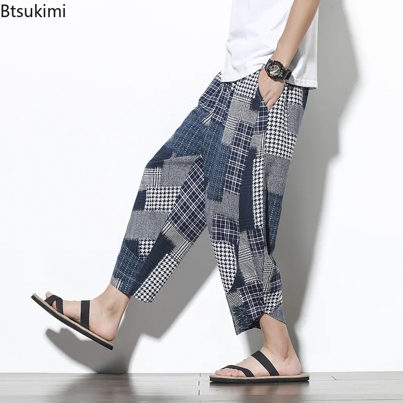 Chinese Style Men's Casual Cotton Linen Pants Ethnic Print Casual Pocket Calf-length Pants Vintage Streetwear Men Baggy Trousers