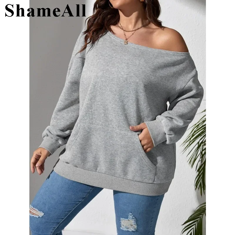 Women's Plus Size Light Grey Loose Asymmetrical Neck Sweatshirt Sexy OffShoulder Tops Casual Chic  Pullover