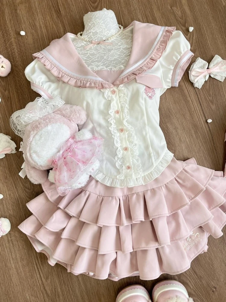 الصيف اليابانية الحلو Kawaii قطعتين مجموعة المرأة الدانتيل تقليم تكدرت الأعلى + Y2k تنورة صغيرة الشباب سليم صالح موضة الزي جديد