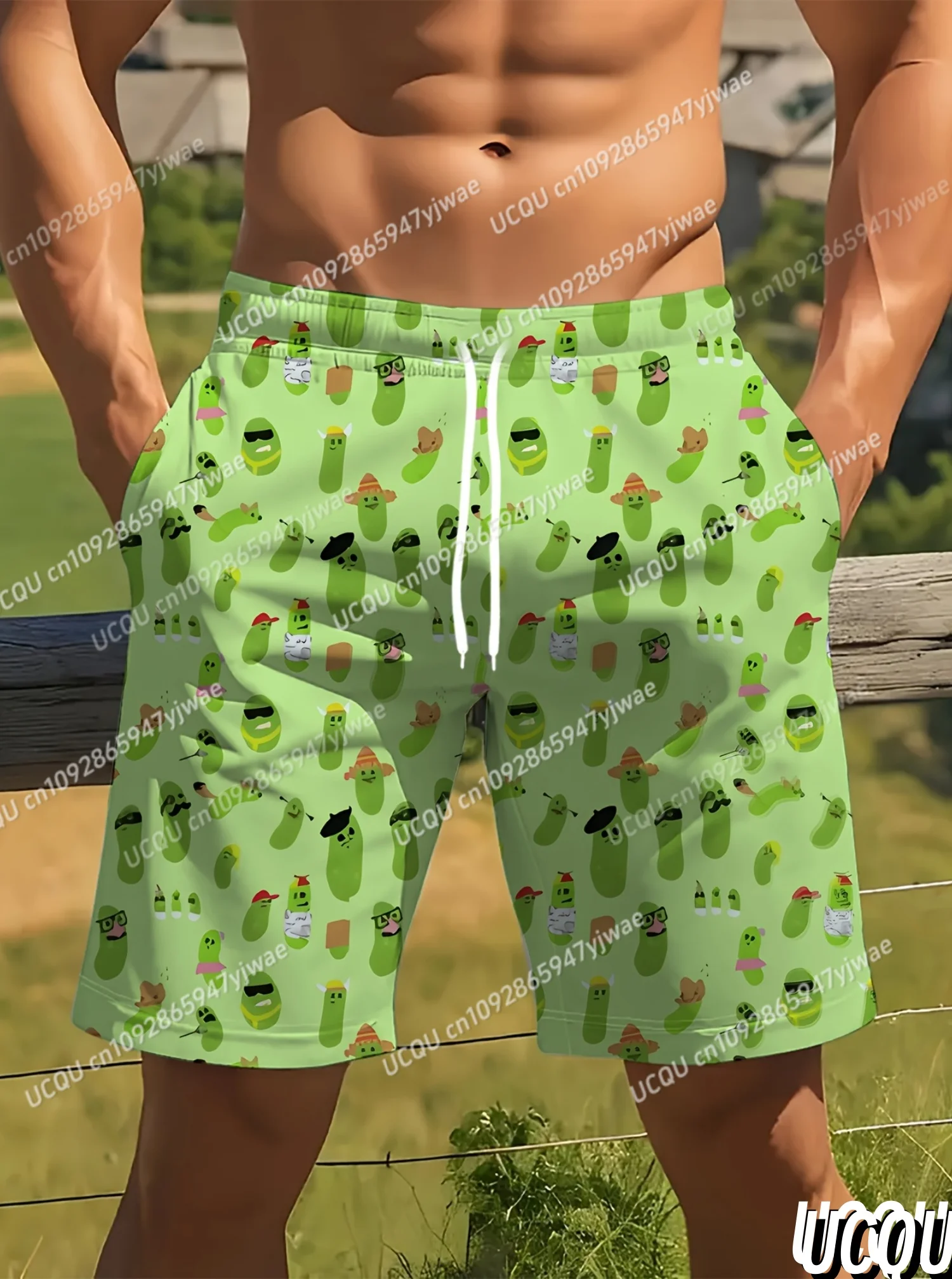 

Summer Men's Board Shorts Fun cucumber pattern Swim Trunks Drawstring Elastic Quick Dry Hawaiian Beach Shorts Men Clothing