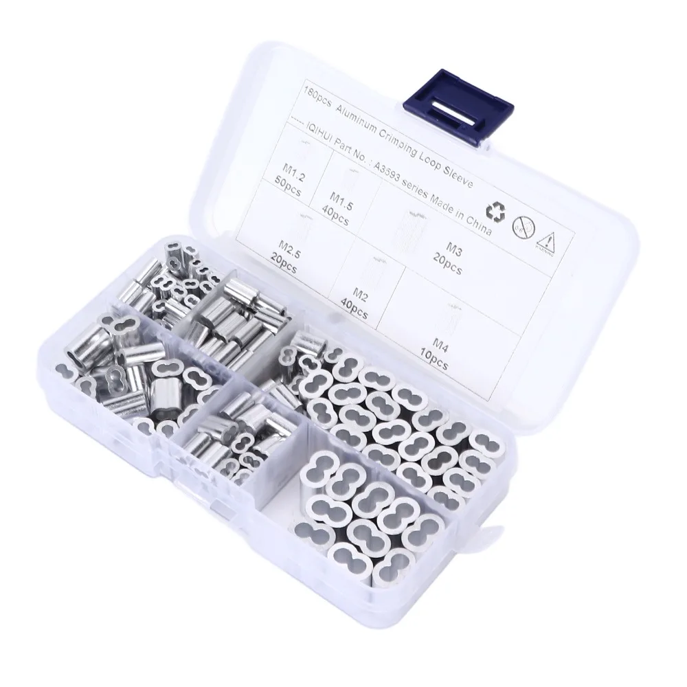 

180pcs Universal Fit Aluminum Crimping Loop Sleeve Kit 6‑Size Wire Rope Cable Crimping Sleeve Kit Wire Rope Termination