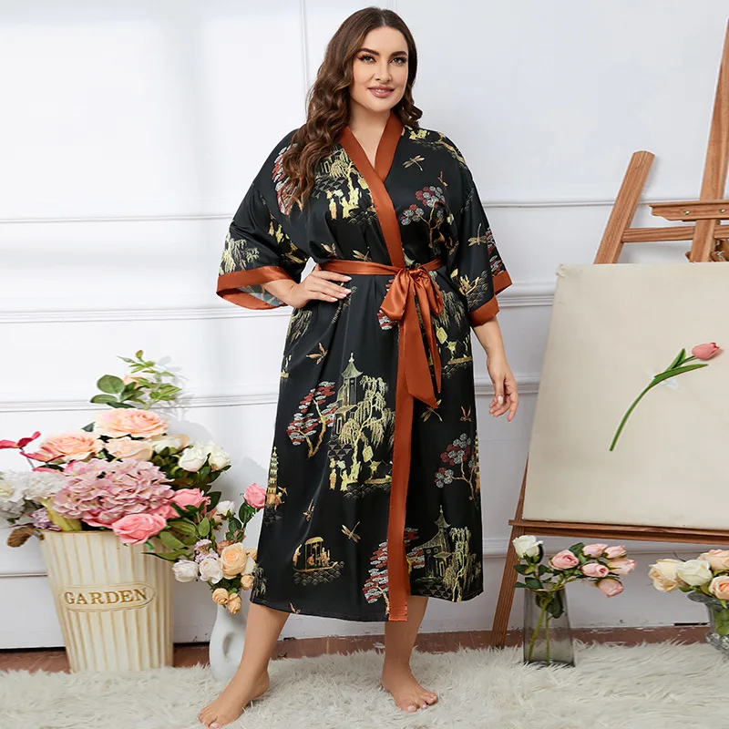 

Printing Robe Nightgown Women Sleep Drees Kimono Sleep Drees V Neck Big Size Cardigan Bathrobe Ice Silk Home Clothes Nightwear