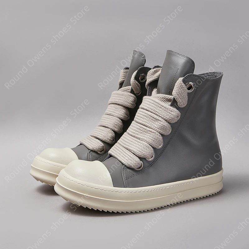 

Brand Casual Shoes Men Gray Leather High Top Quality Jumbo Lace Up Zip Thick Sole Ro Luxury Designer Sneakers Women Ankle Boots
