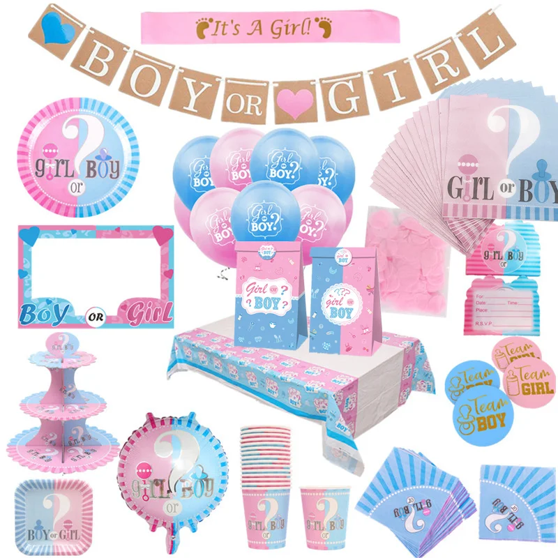 Ensemble de vaisselle jetable pour révélation du sexe, réception-cadeau pour bébé, garçon ou fille, assiette, serviette, nappe, fournitures de décoration de fête pour révélation du sexe