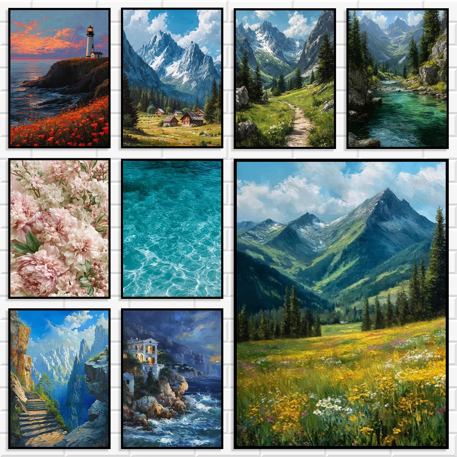 Natural Scenery Wall Art Prints Mountain Forest Sea Lighthouse Floral Landscape Canvas Posters Wildflower Nature View Home Decor