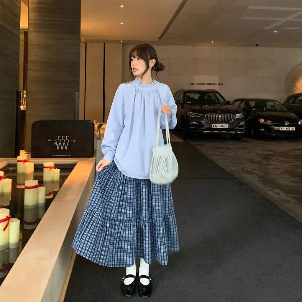 تنورة ريترو متعددة الطبقات ذات مربعات باللونين الأزرق والأبيض، طراز بناتي فرنسي، تنورة عالية الخصر وتنحيف على شكل حرف A، لو نسائي #4