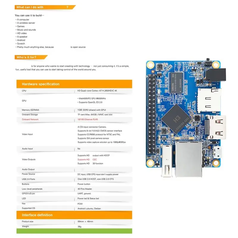 For Orange Pi One 1GB RAM Mini PC Allwinner H3 Soc DDR3 Quad-Core Single Board Support Android Linux Development Board view 2