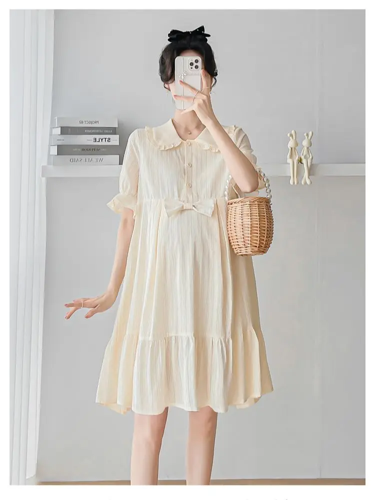 

French Style Summer Maternity Nursing Dress Short Sleeve Peter Pan Collar Pregnant Woman Lactation Fishtail Dresses with Bowknot