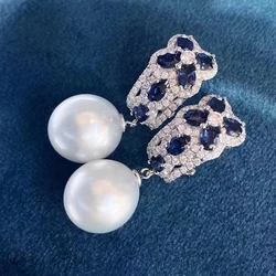 MeiBaPJ 10-11mm Natural White Rice Pearls Fashion Blue Stones Drop Earrings 925 Silver Empty Tray Fine Wedding Jewelry for Women