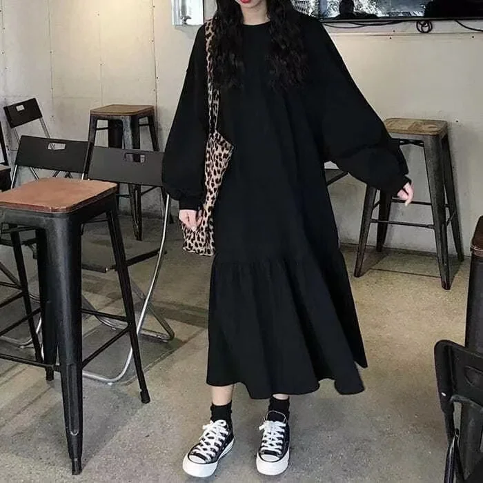 

New Fashion150kg Big Add Large Size Long Sleeve Dresses Plus Loose Female Clothes Oversize Women Black Frock Autumn Shirt Dress