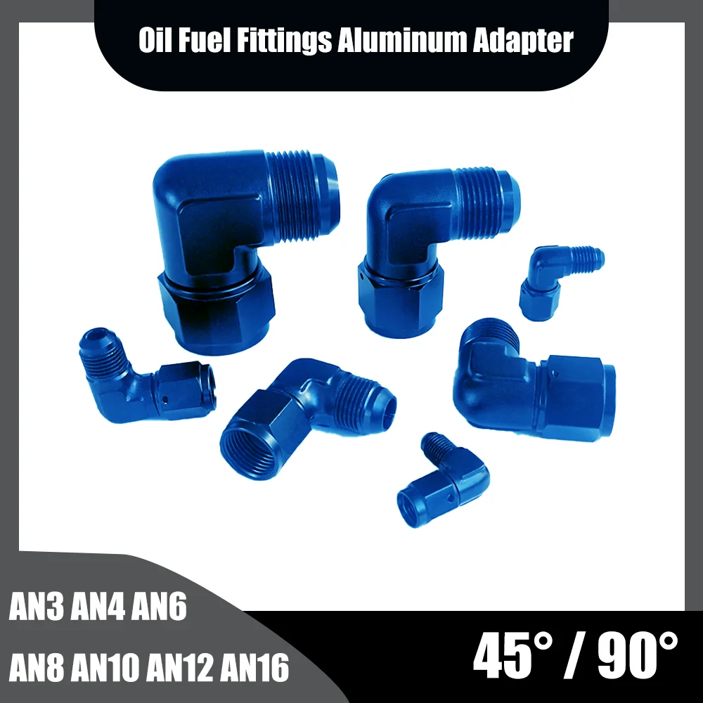 

blue Oil Fuel Fittings Anodized Aluminum Adapter 45/90 Degree Female AN3 4 6 8 10 12 16 Swivel Adaptors To Male Black