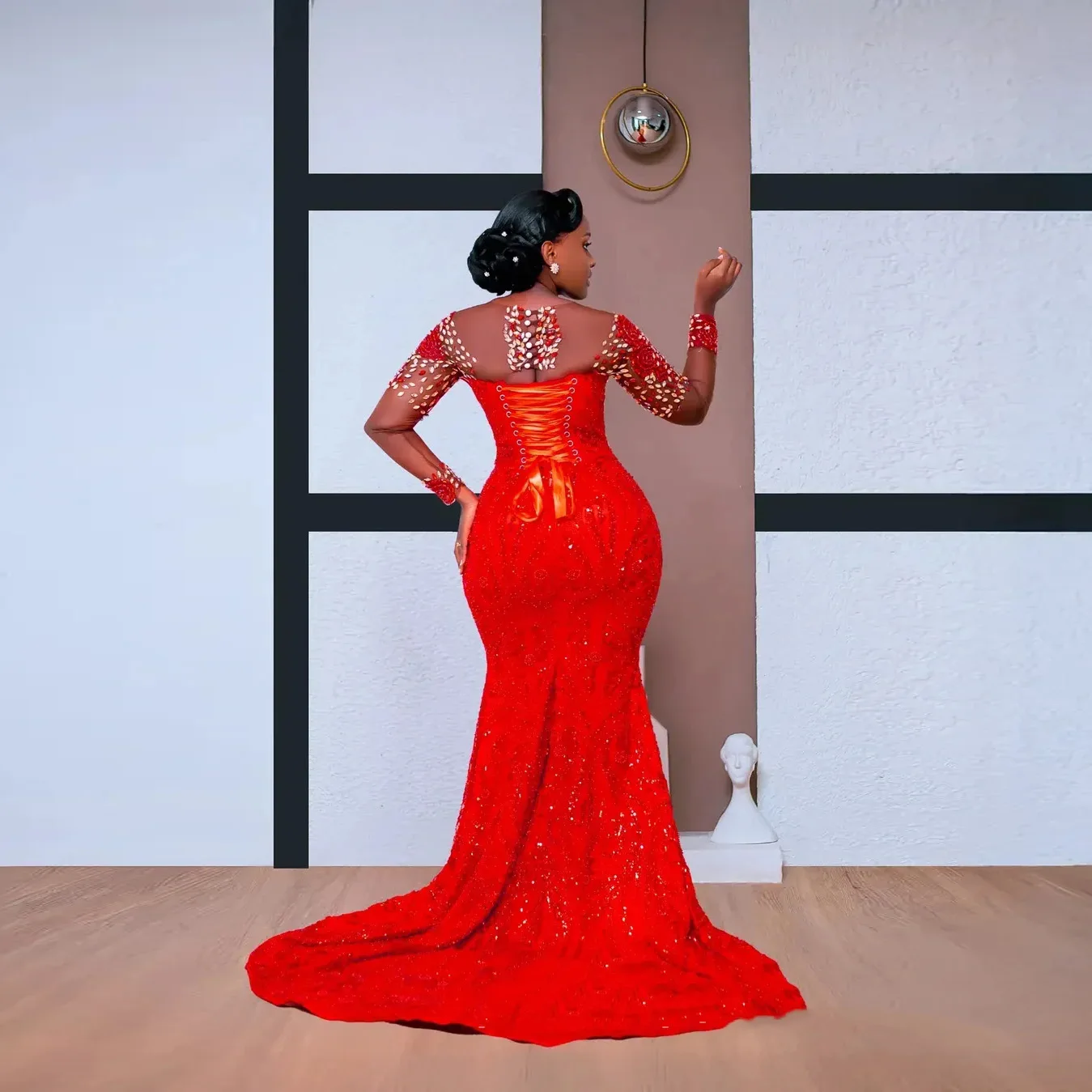 Red Sheer Neck Beaded Mermaid Evening Gowns Aso Ebi Prom Dress For Special Occasions Sequin Long Sleeve Illusion Formal Dresses