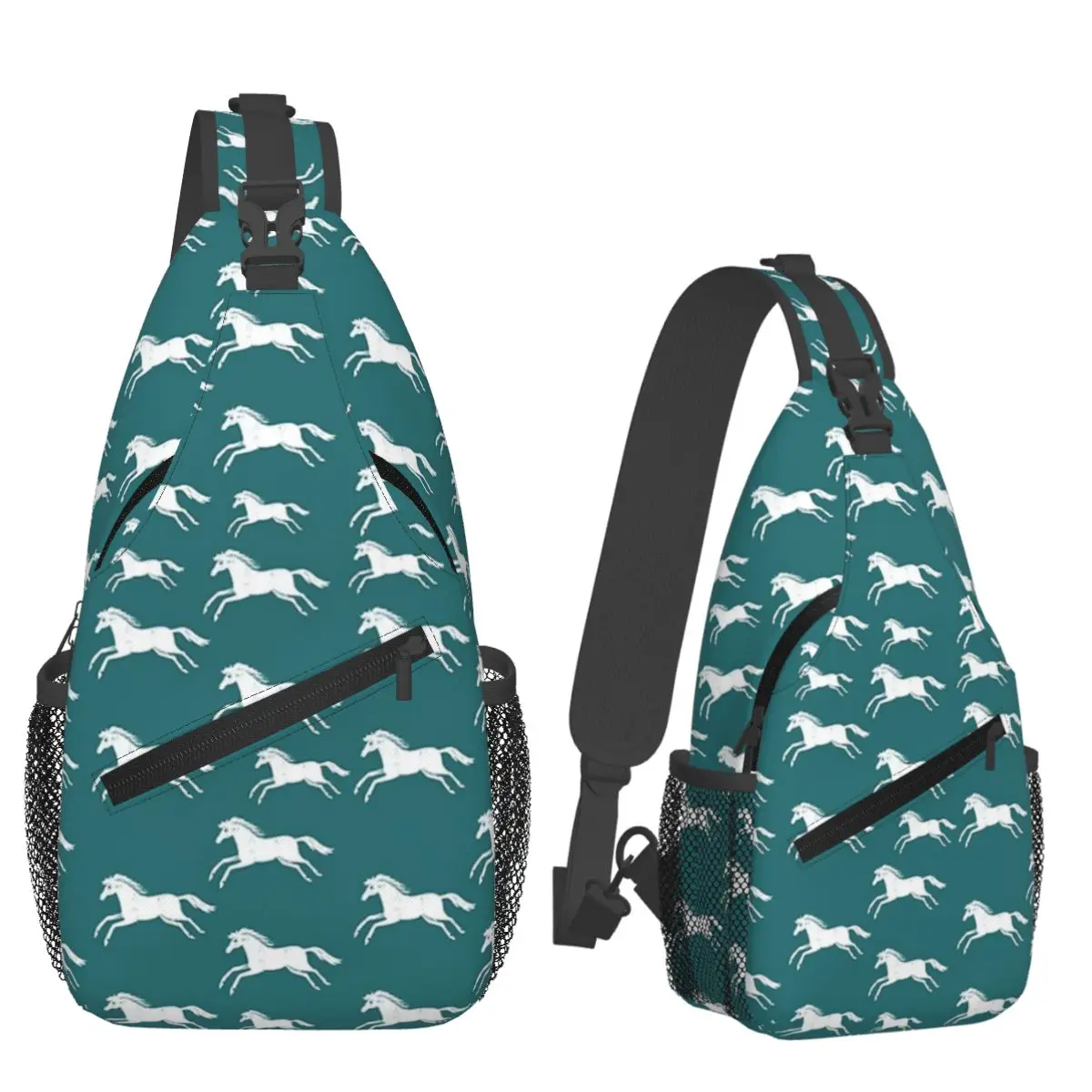 White Horses On Teal Chest Bag Men Sling Crossbody Backpack Chest Bag Travel Hiking Daypack Shoulder Bag