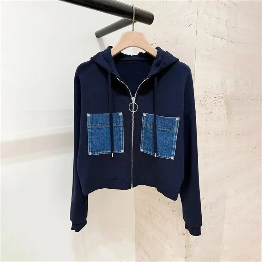 

Unique 2025 Early Autumn Denim Patch Pocket Hooded Zipper Knit Sweater Versatile Coat