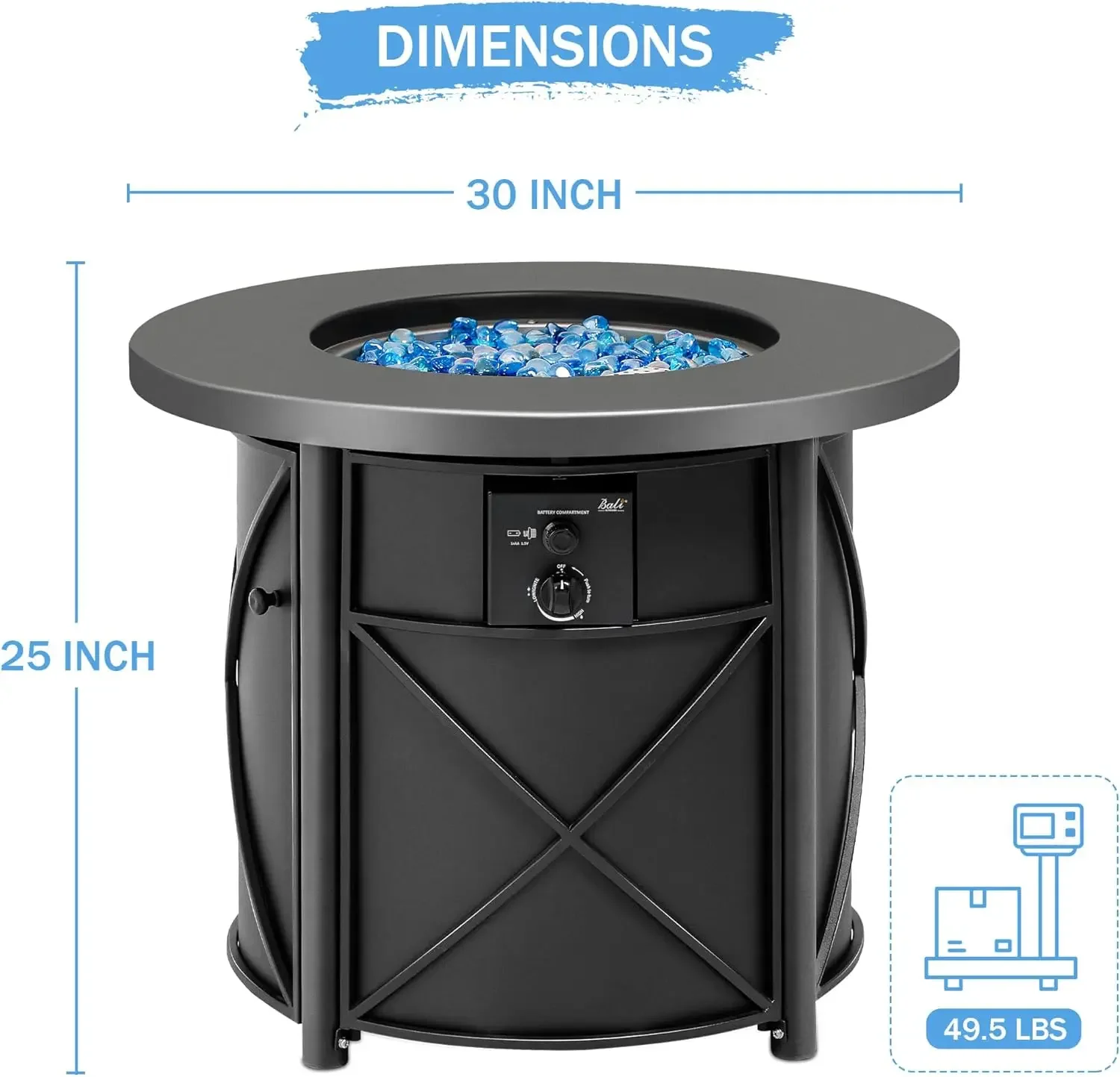 30 Inch Round Gas Fire Pit Table, 50,000 BTU Propane Fire Pit Column with Blue Fire Glass Stone for Outside Patio and Garden