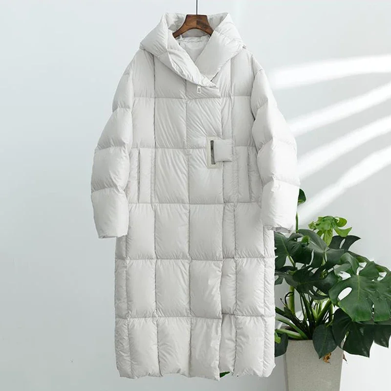 

Women White Duck Down Jacket Loose Winter Warm Thick Long Puffer Coat Outwear Solid Coat Casual Loose Knee Length Overcoat