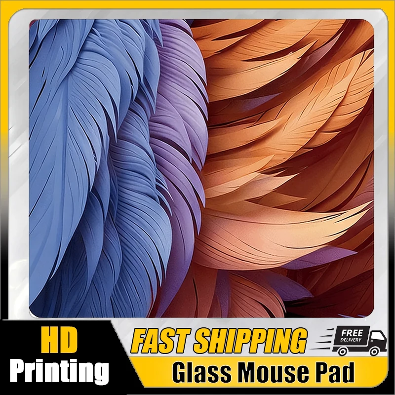 Colorful Feather Design Glass Gaming Mousepad Smooth Surface Custom Gamer Fps Gaming Desk Mat PC E-sports Speed Mousepads Gifts