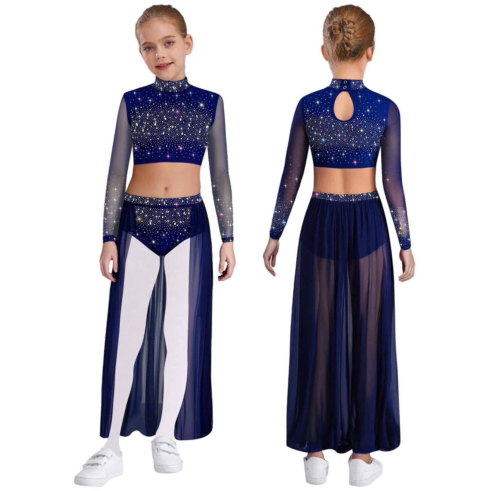 Kids Girls Shiny Rhinestones Modern Lyrical Dance Crop Top Sheer Mesh Leotard Skirt Skating Gymnastics Acrobatics Dancewear