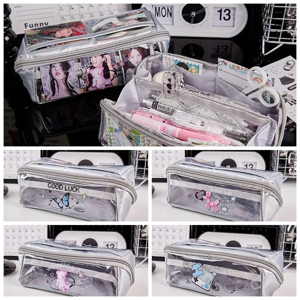 Compact American Pen Bag Large Capacity Multi-Layer Pencil Case Silver High Appearance Level Card Display Bag Students