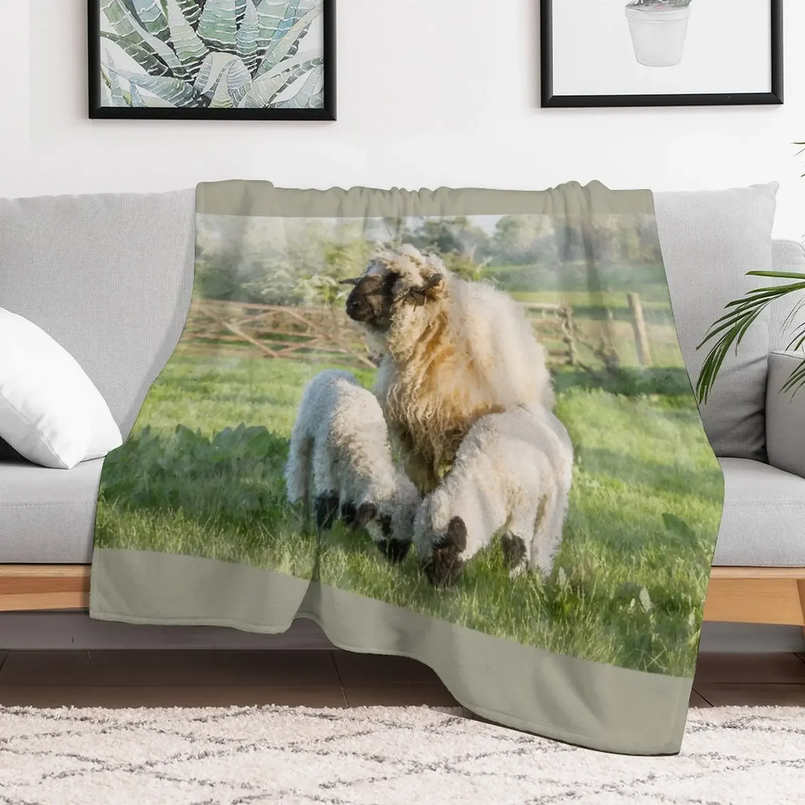 Watercolour Photograph of Valais Blacknose Sheep and Her Twin Lambs Throw Blanket Soft Plaid Warm Camping Blankets