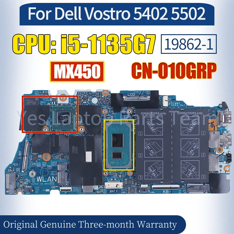 

19862-1 For Dell Vostro 5402 5502 Laptop Mainboard CN-010GRP SRK05 i5-1135G7 MX450 N17S-G5-A1 100％ Tested Notebook Motherboard