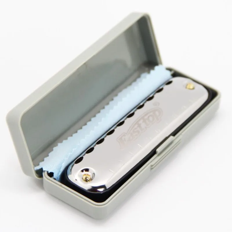 10-Hole Blues Harmonica Key C Adult Beginner Pocket Instrument, Gray Plastic Box