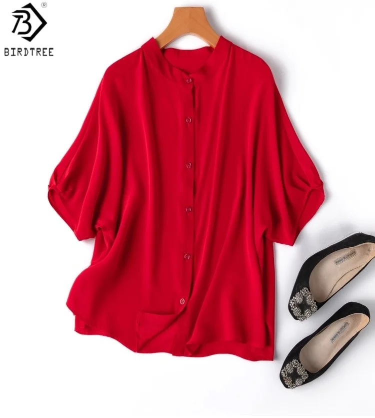 

BirdTree Summer 20MM 100% Mulberry Silk Red Shirt,Woman Double Crepe Dolman Sleeve Stand Collar Loose Blouse,2025 New T56725JF