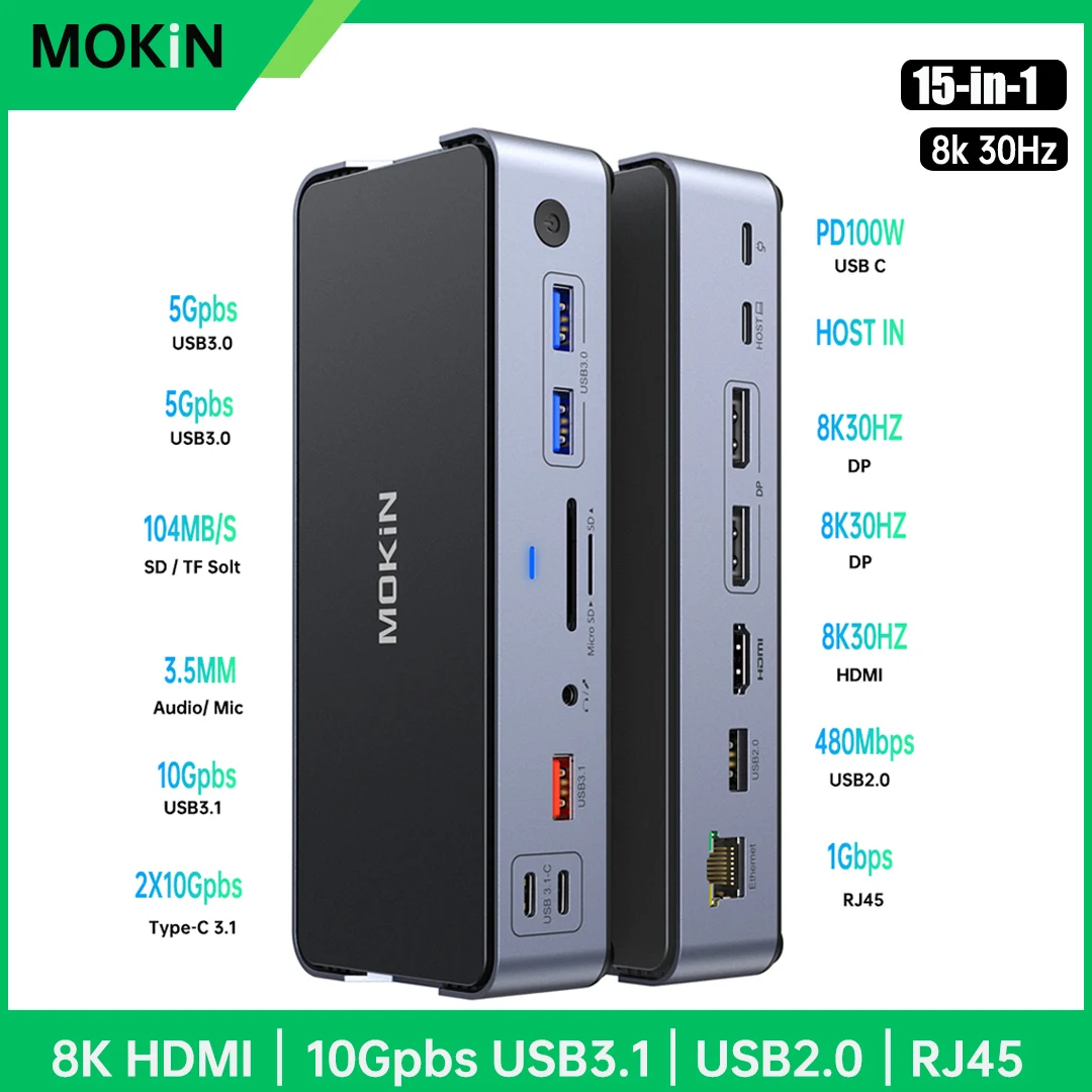 

Док-станция MOKiN USB C, 4K HDMI,USB3.1,DP,Ethernet,SD и TF, аудио, адаптер PD 100 Вт для MacBook/Dell/HP/Lenovo usb на концентратор 10 Гбит/с