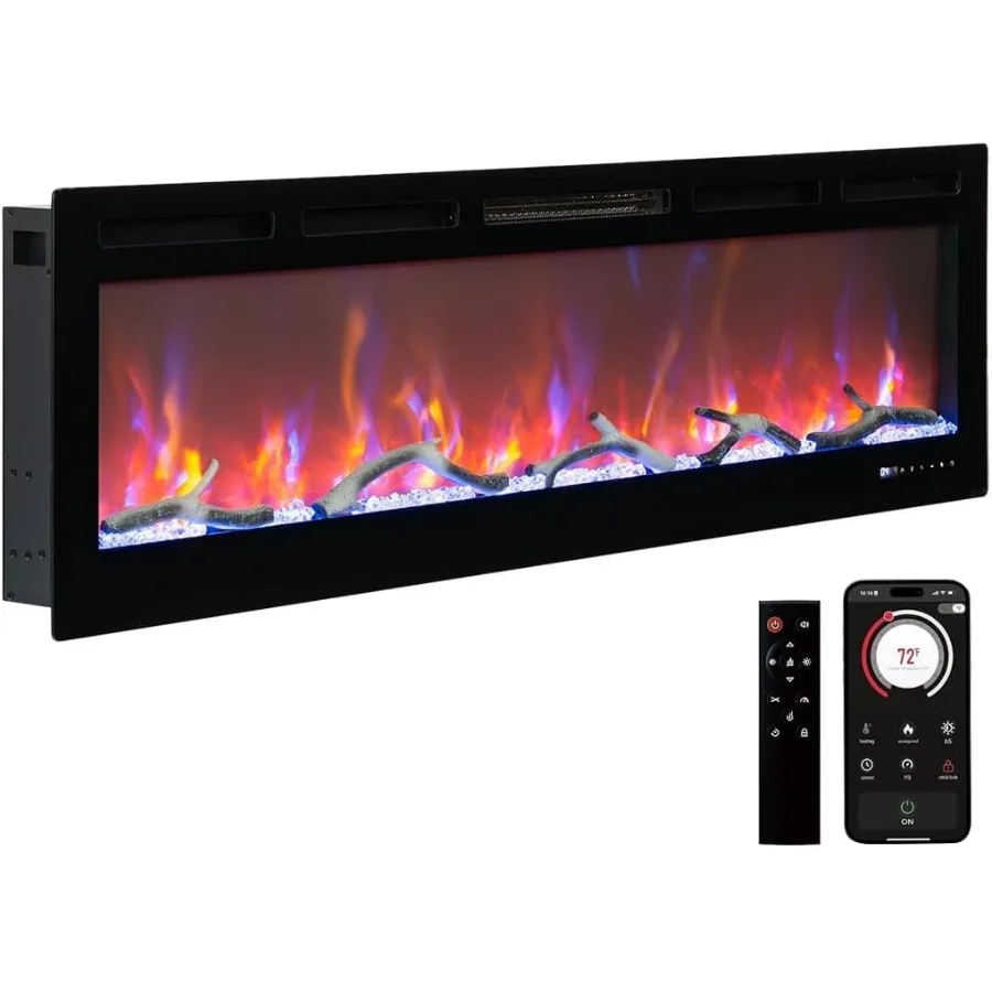 Calentador de chimenea eléctrico empotrado y montado en la pared de 80 pulgadas con diseño lineal efectos de llama Multicolor 750W 1500W Capa de calefacción
