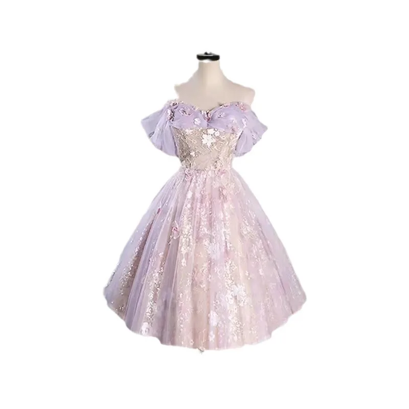 F2148 Aangepaste Korte Paarse Galajurken 2025, Zoete Geheugen Elegante Vrouwen Sweetheart Geborduurde Kant Afstuderen Feestjurk