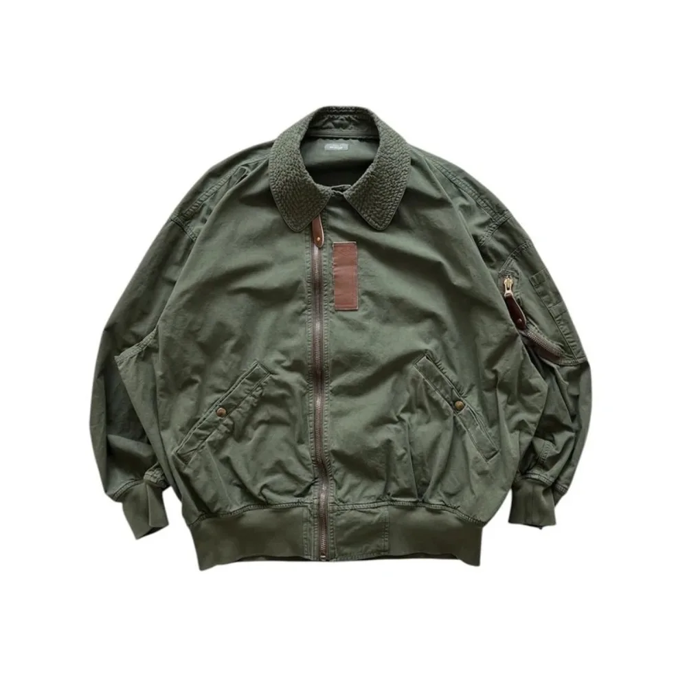 

25SS KOLOR Abe Japanese Style Workwear Cotton Military Green Turn-collar Loose Flight Jacket
