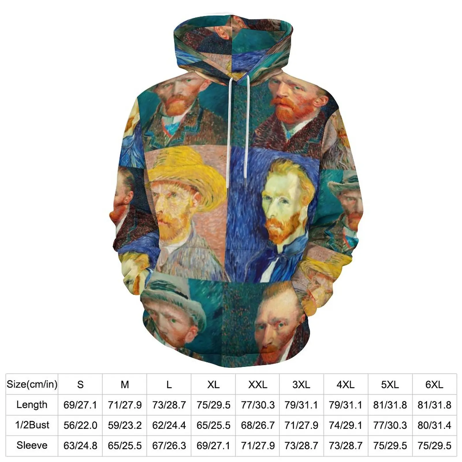 Van Gogh Hoodies Self-Portrait Collage Streetwear Casual Pullover Hoodie Long-Sleeve Y2k Graphic Sweatshirts Gift Idea