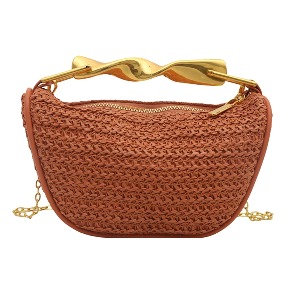 Women Elegant Knitting Sling Bag with Metal Handle Summer Beach Shoulder Bag Zipper Closure Trendy Straw Handbag Commute Bag