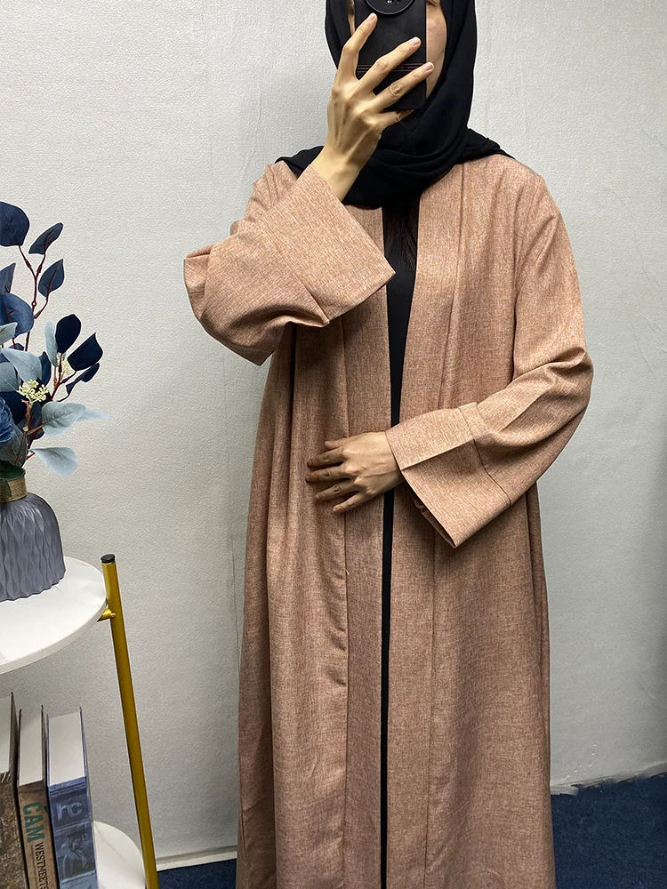 Open Abaya Set for Eid 2024 Female Islamic Clothing Robe Causal Dubai Plain Linen Abayas for Women Abayas Kimono Cardigan