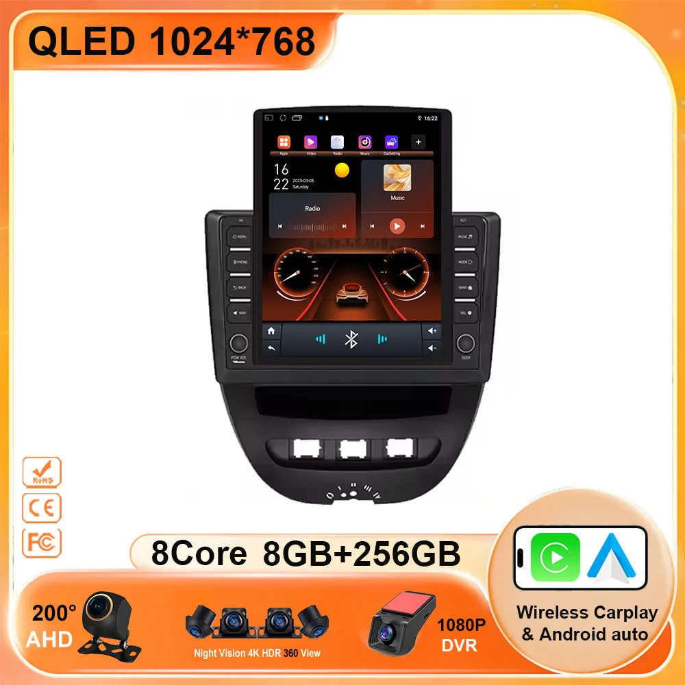 9.7 Android 15 2 Din Car Multimedia Player For Peugeot 107 Toyota Aygo Citroen C1 2005-2014 Head Unit Stereo GPS Navigation BT