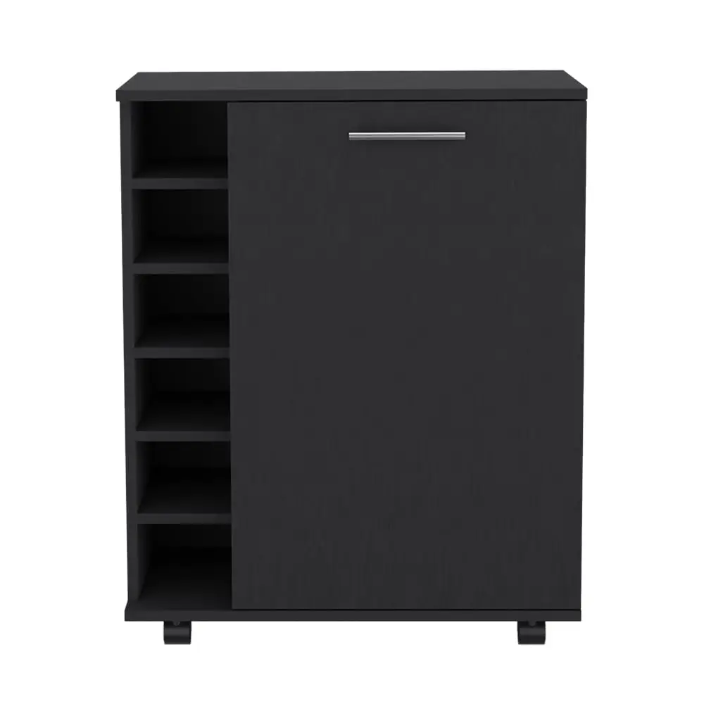 Black Wood Bar Cart with Wheels, Single-Door Wine Cabinet, 6-Bottle Holder, 25.8x14.7in Top, Casters, Customized
