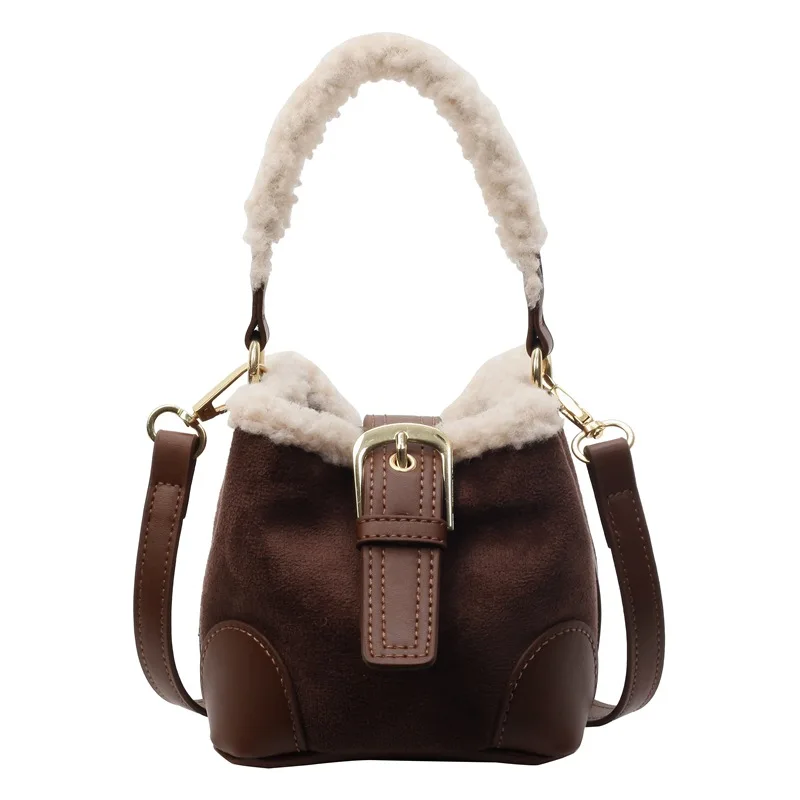 

Women's Bags Bucket Shoulder Handbag Autumn Winter Vintage Versatile Lamb Wool Handbag Elegant Fashion Crossbody Bag