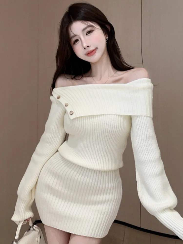 

Sexy One-Shoulder Asymmetrical Knitted Dress Women's Spring Autumn Slimming Wraparound Skirt High Waist Long Sleeve Short Dress