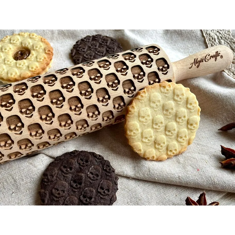 

SKULL Rolling Pin for Halloween: Embossed Wooden LaserCut Rolling Pin Ideal for Crafting SkullShaped Cookies Play Dough and Sal