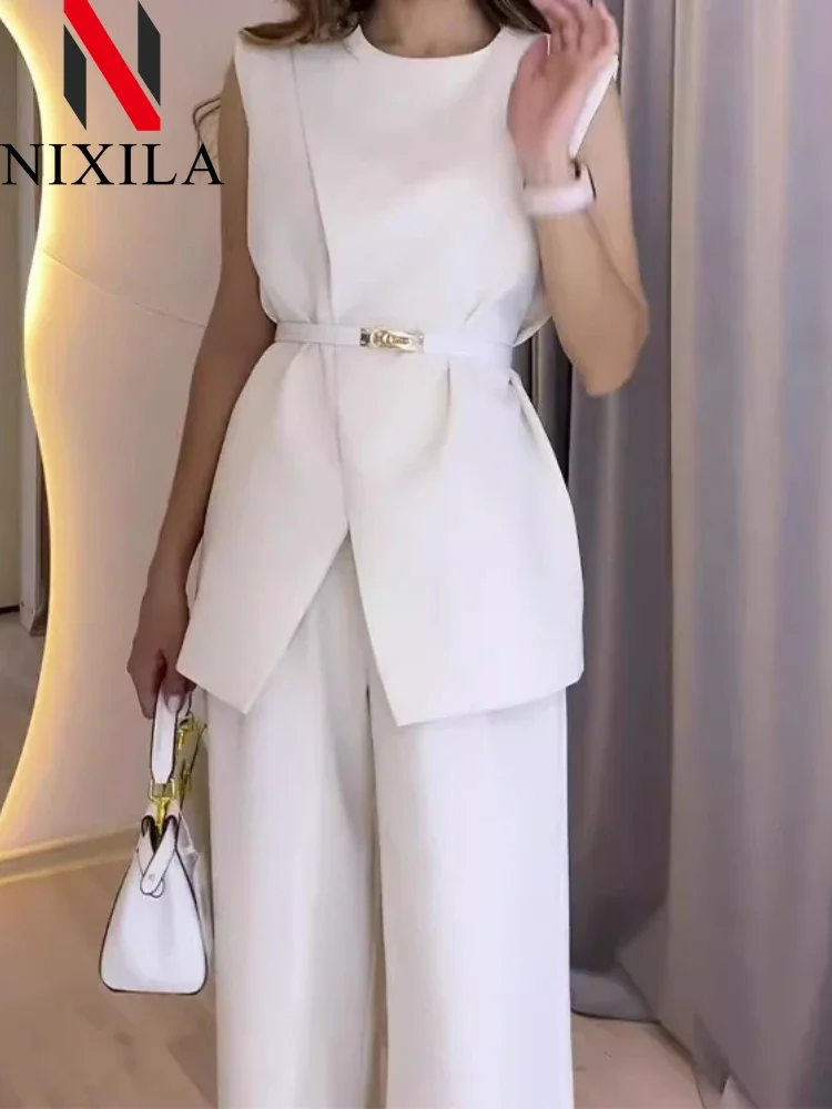 New Spring Summer Cardigan Two Piece Sets Womens Outifits Elegant Sleeveless Top Long Pant Sets Fashion Sets for Women 2 Pieces