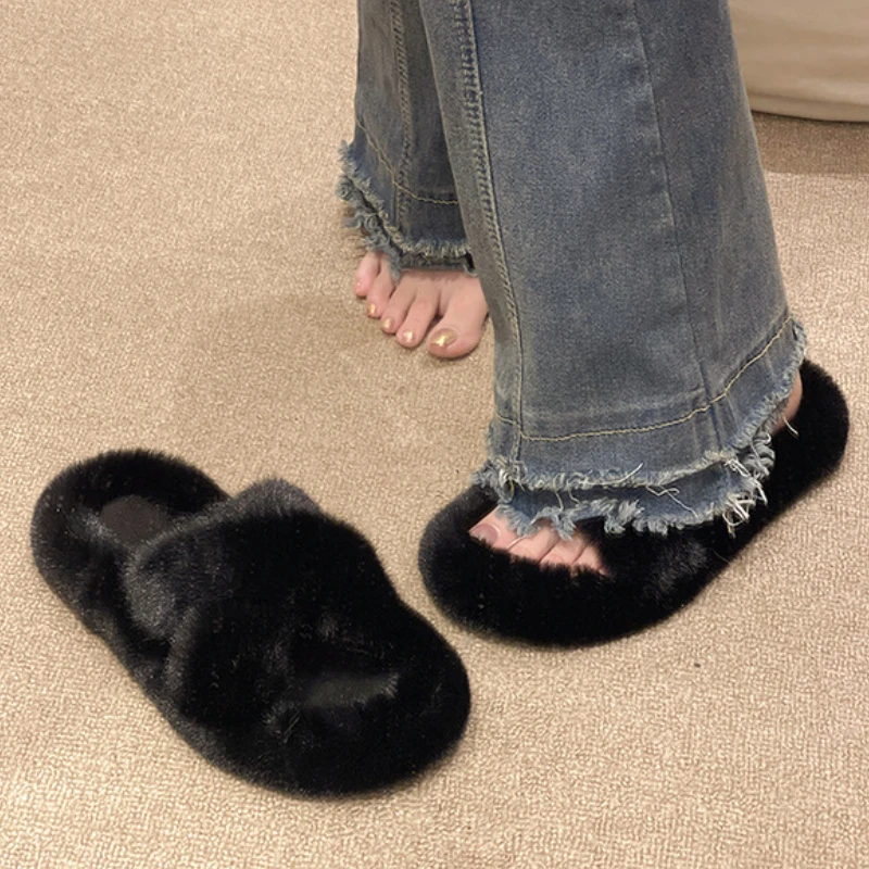 Trendy Hairy Slippers 2024 New Solid Color Exterior Cross Flat Casual Shoes Soft and Versatile Women's Slippers for Home Use