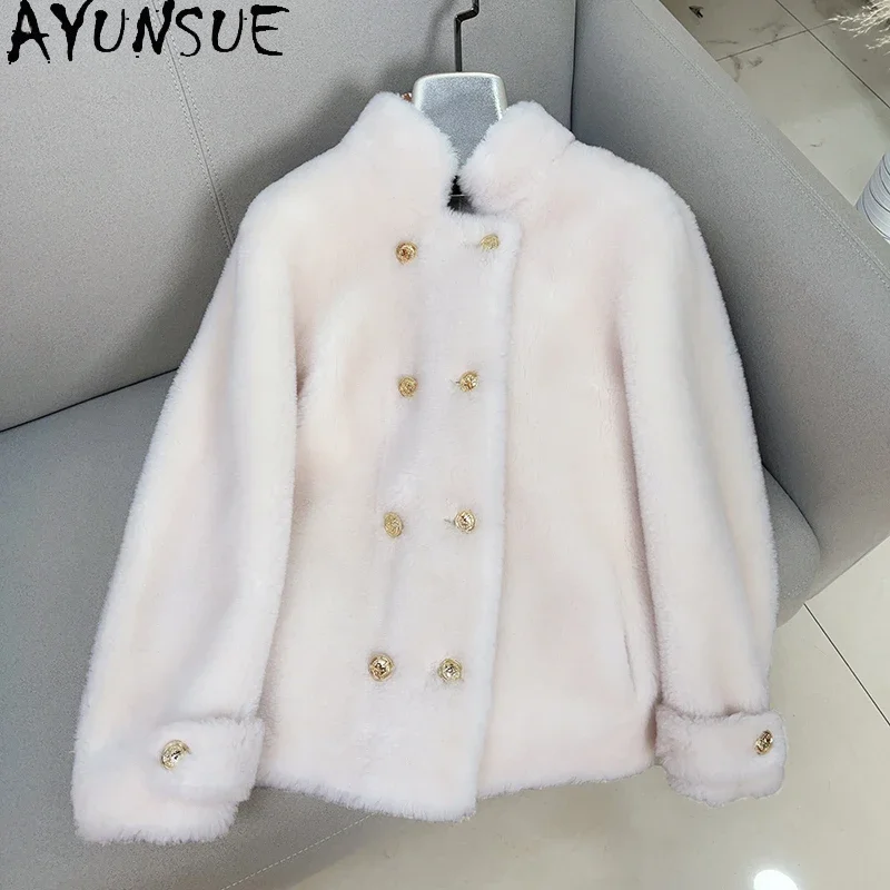 AYUNSUE 100% Wool Coats for Women 2023 Fall Winter Fashion Sheep Shearing Jacket Stand Collar Fur Coats Chaquetas Para Mujeres