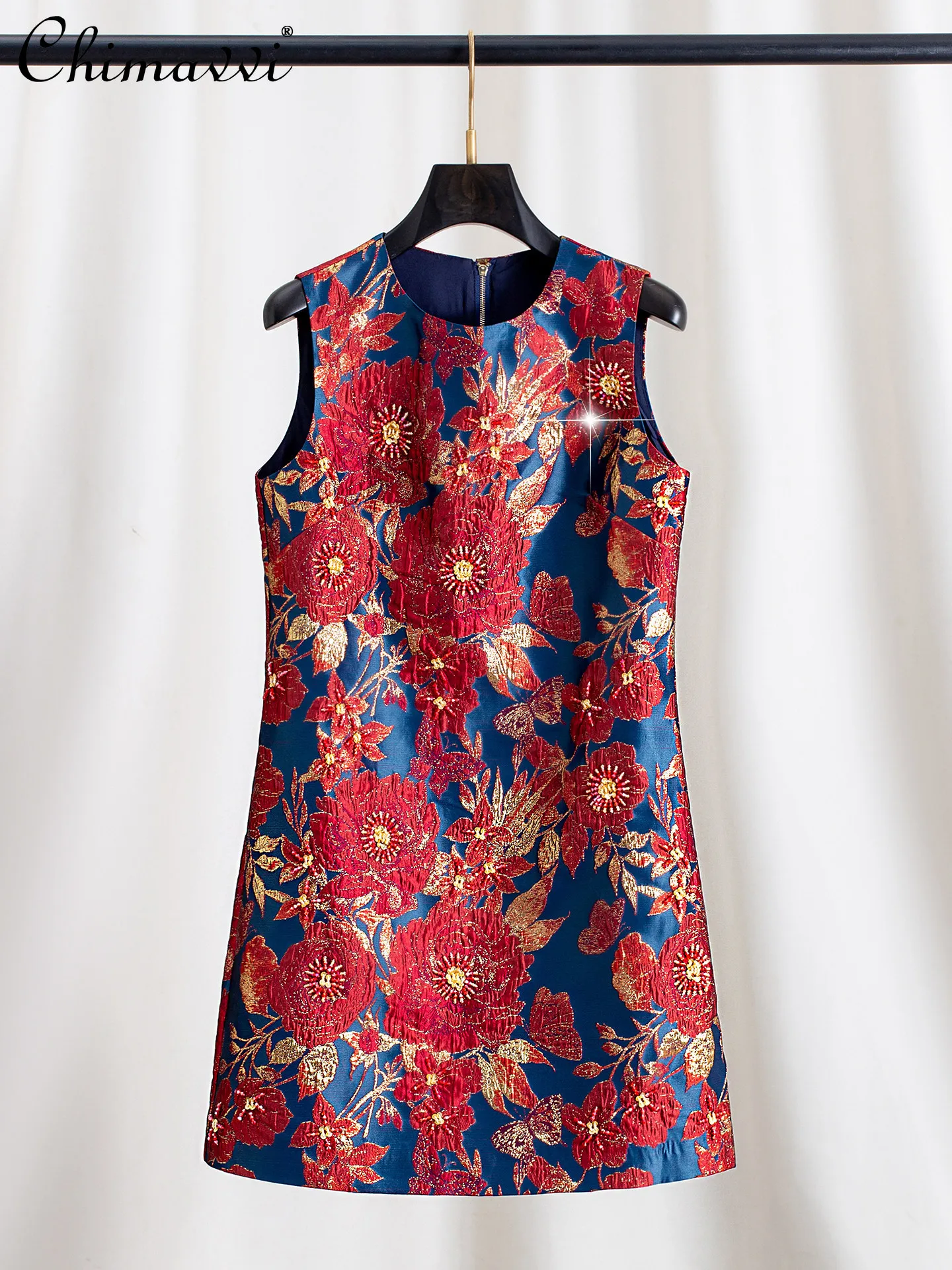 

French Style Elegant Fashion Socialite Jacquard Tank Dresses Beaded Sequins Round Neck Sleeveless High-waisted Short Dress Women