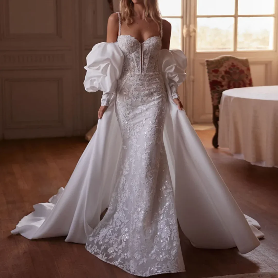 

Shiny Mermaid Wedding Dress With Satin Detachable Train Beads Shoulder Straps Sequins Appliques Bride Dress Customized