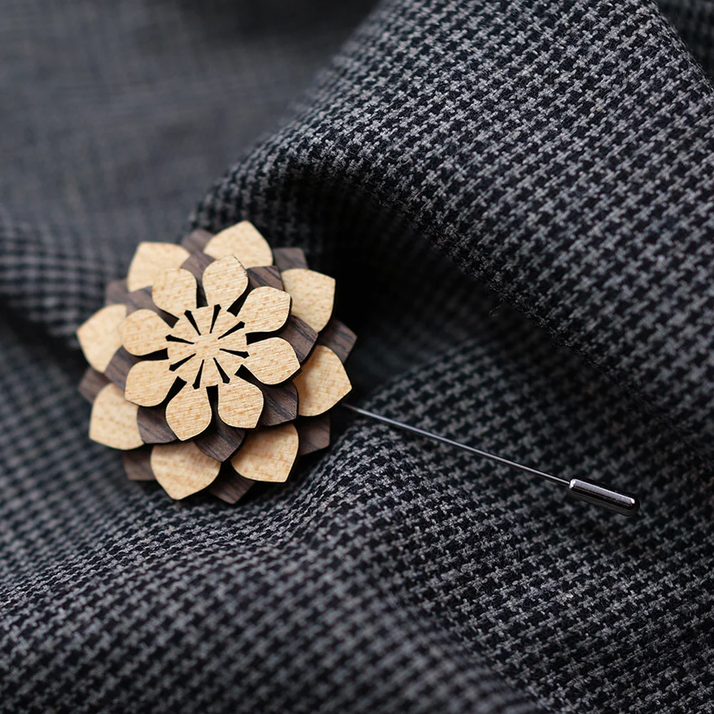 

Wooden Lapel Pin Men Boutonniere Flower Decorative Brocade Sun Lapel Suits Wood Material Stable Firm Useful Versatile Formal