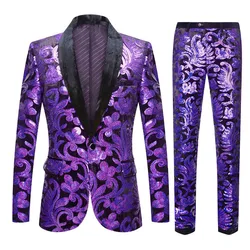 Fashion Men's Groom Wedding Suits Purple Sequins Velvet Floral Embroidery Blazer Pants Set Banquet Prom Host Dress Tuxedo Outfit
