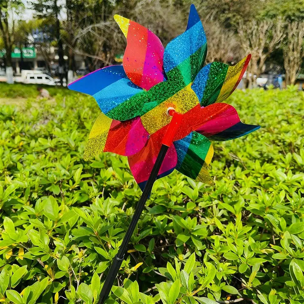 2pcs Reflective Sequin Bird Repeller Hand-held Windmill Double Section Pole Multicolors Bird Repellent Anti Birds Windmill 24cm